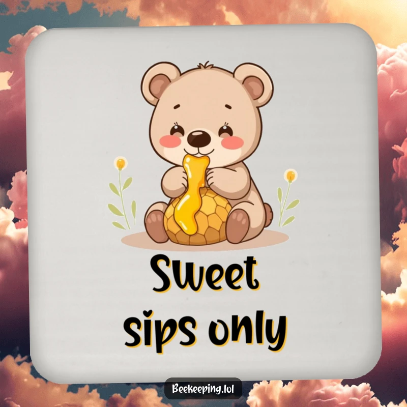 Funny smiling bear cub gently collecting honey from a dripping comb, a set of humorous and decorative drink coasters.