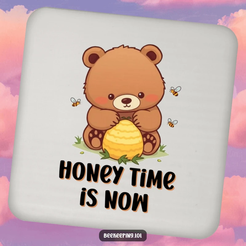 Funny Bear Coaster: A calm, determined bear gently tending to a buzzing beehive, protecting your surfaces.