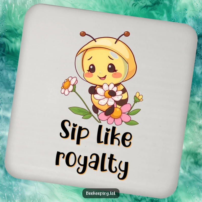 Funny bee in a tiny beekeeper veil, examining a flower, a set of humorous and decorative drink coasters.