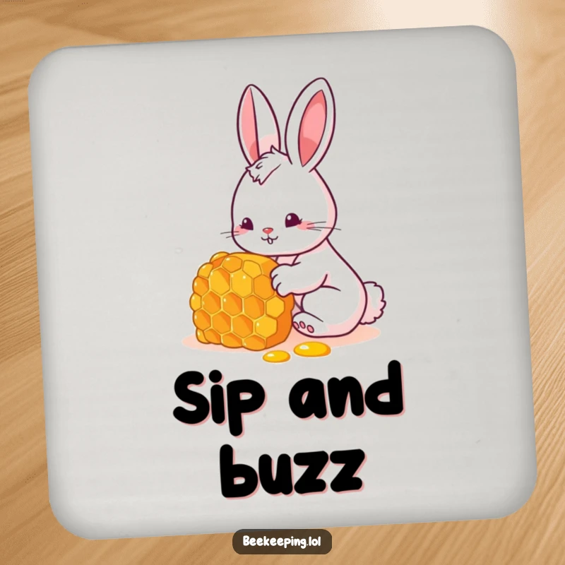 Funny bunny drink coaster showing a curious rabbit inspecting a honeycomb, wonderful funny gift.