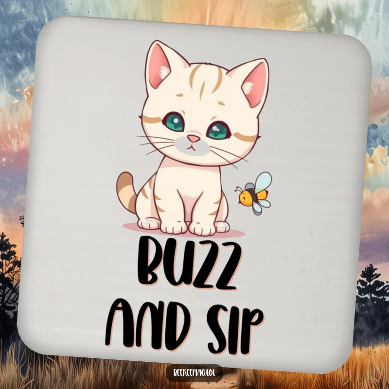 Funny cat coaster with a curious cat inspecting a buzzing bee, a humorous way to protect surfaces.