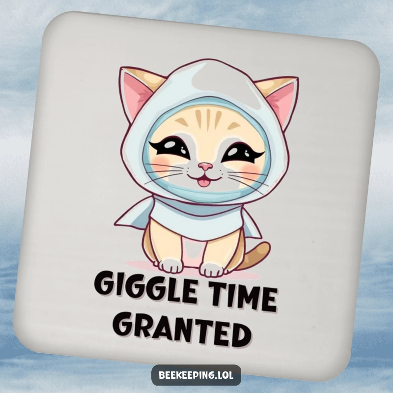 Funny Cat Coaster: A giggling cat wearing a beekeeper veil and smock, protecting your surfaces.
