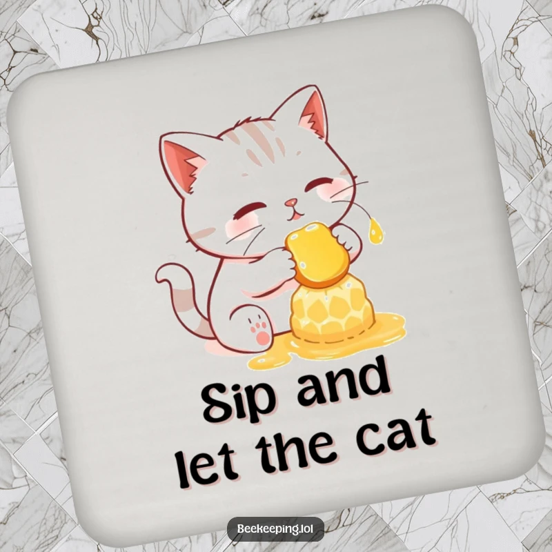Funny coaster showing a determined cat gently collecting honey from a glowing honeycomb.