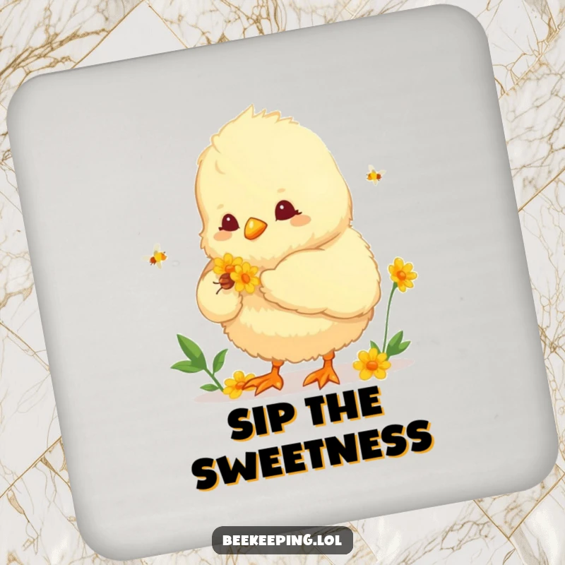 Funny drink coaster showing a fluffy chick helping to collect nectar. A humorous and protective accessory for tabletops.