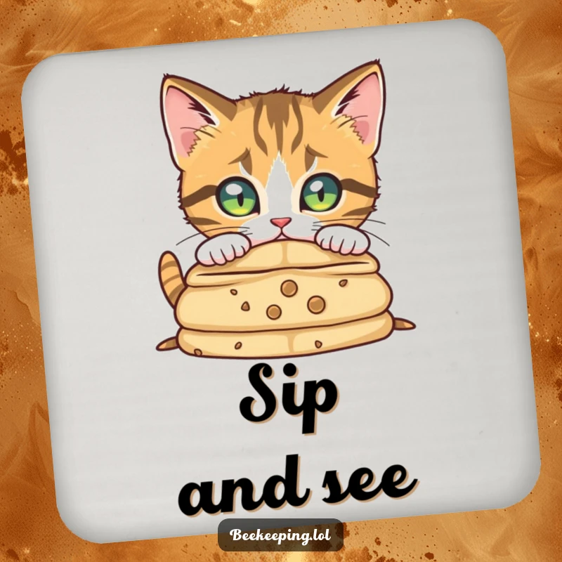 Funny curious cat peering into a beehive, adding intrigue and surface protection with decorative drink coasters.