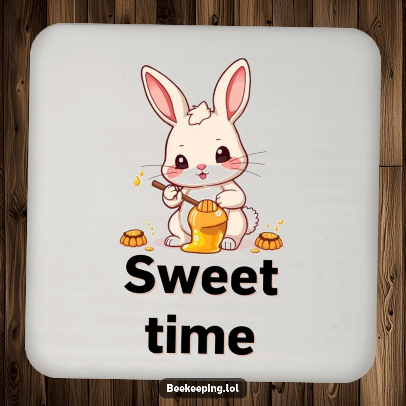 Funny determined rabbit collecting honey, adding focused humor and surface protection with decorative drink coasters.