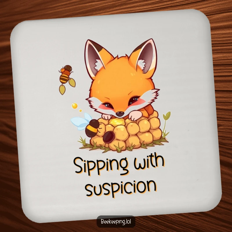 Funny drink coaster showing a fox curiously peering into a bubbling beehive, adding intrigue.