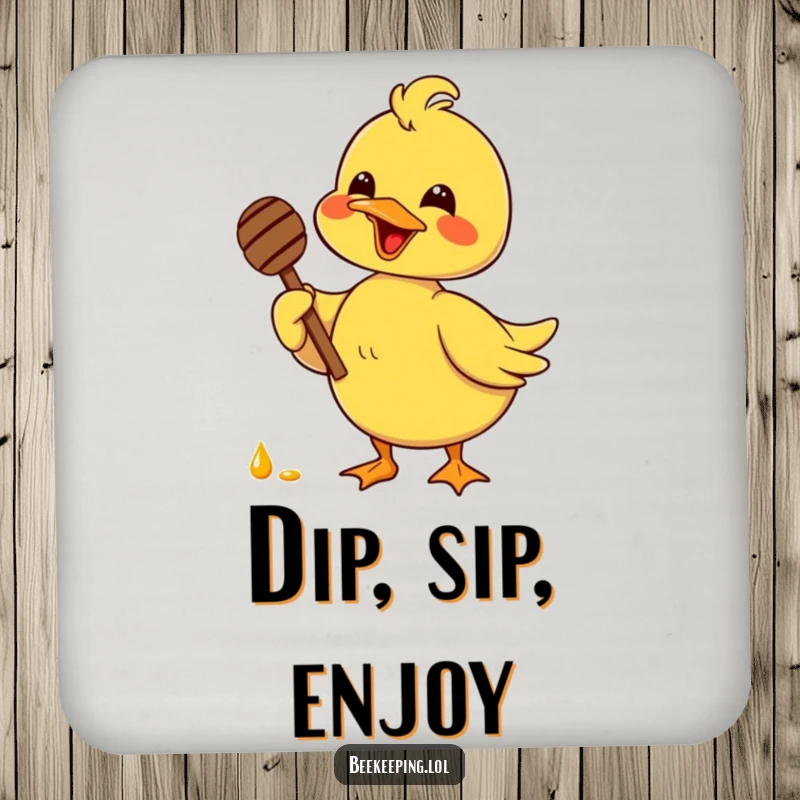 Funny delighted duck holding a honey dipper with glee, designed on coasters, adding sweet and cheerful humor to any table.