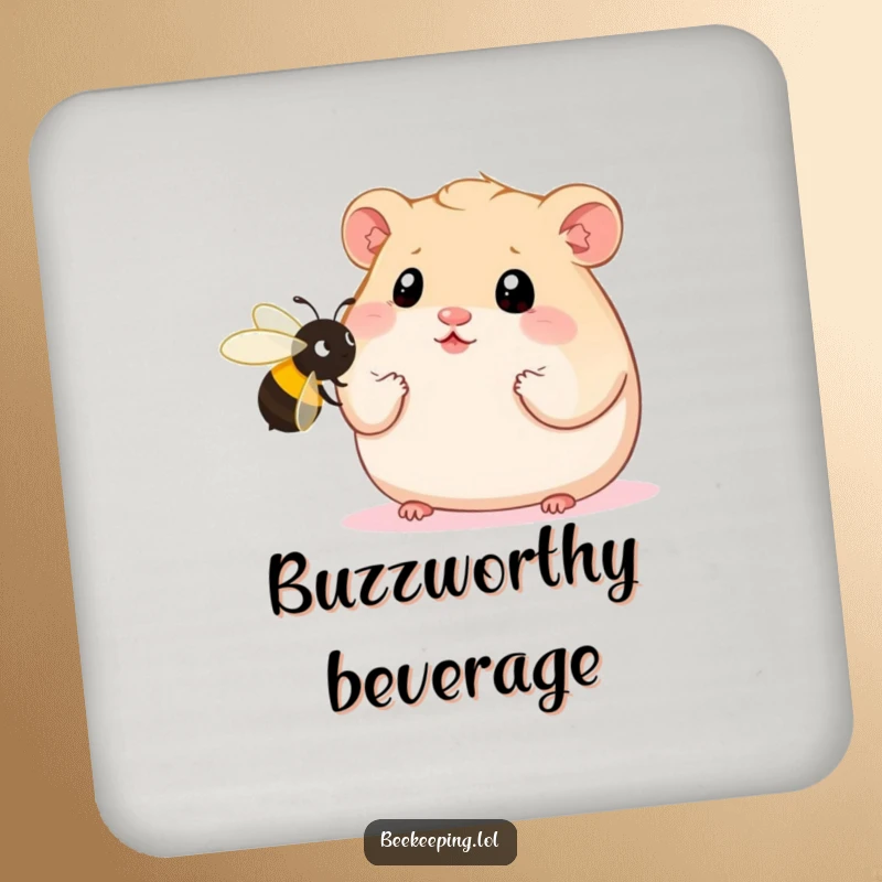 Funny Hamster Drink Coaster depicting a plump hamster with wide eyes staring at an oversized bee, a humorous and charming addition to any table.