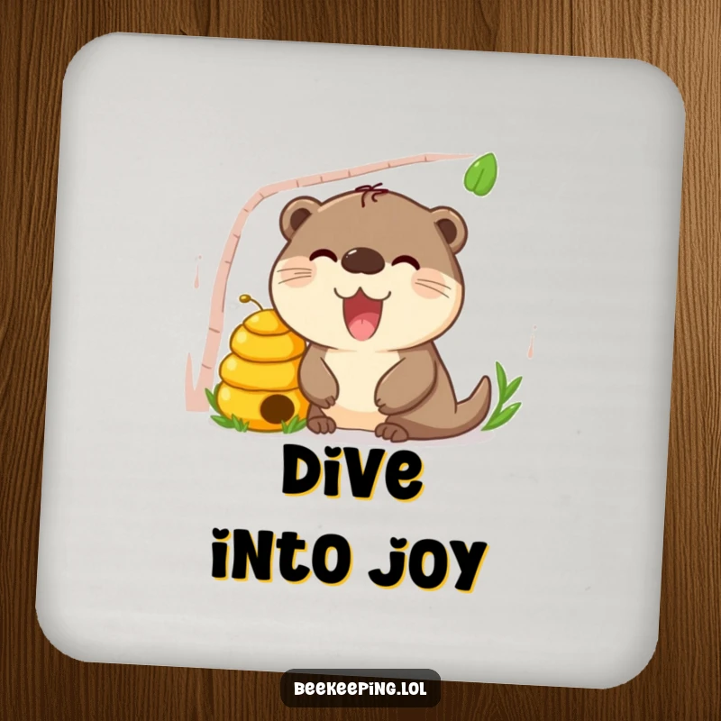 Funny Otter Beehive Drink Coasters, set of 4, happy otters peeking curiously into beehives, humorous animal decor.