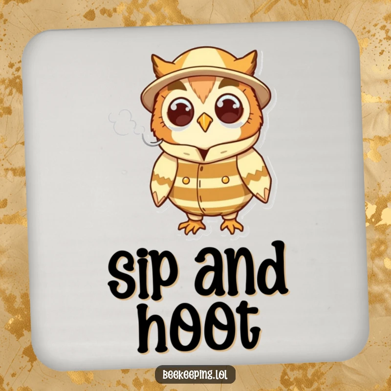 Funny cheerful owl in a beekeeper suit, holding a puff of smoke, a set of humorous and decorative drink coasters.