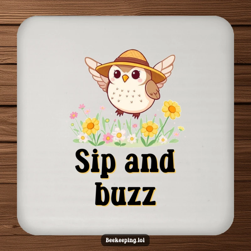 Funny drink coaster with a tiny, round owl in a straw hat buzzing around a flower patch, protecting surfaces with charm.