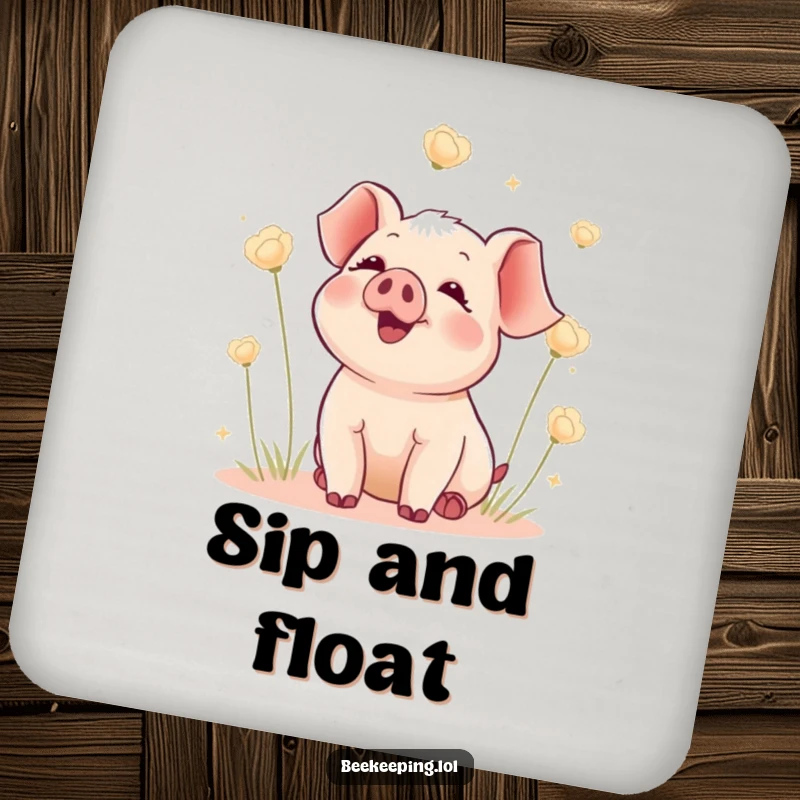 Funny drink coasters with a delighted piglet watching fluffy seed heads float, offering stylish surface protection with a heartwarming humorous touch.
