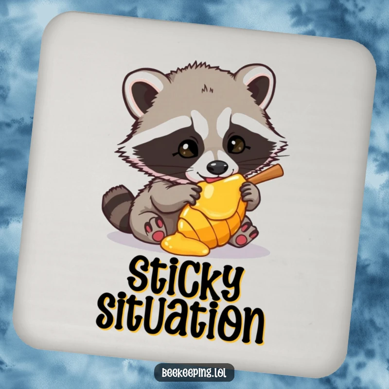 Funny Raccoon Drink Coaster depicting a mischievous raccoon attempting to steal honey, a charming and humorous addition to any table setting.