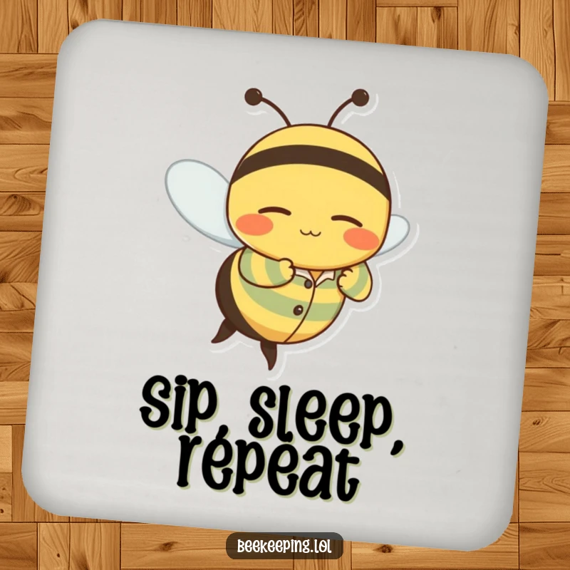 Funny drink coaster with a wobbly bee character in striped pajamas flying with a contented, sleepy grin.