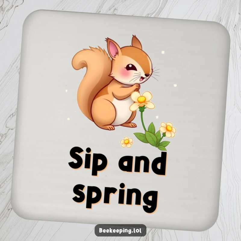 Funny Squirrel Flower Drink Coasters, set of 4, bouncy squirrels gathering nectar from flowers, humorous nature decor.