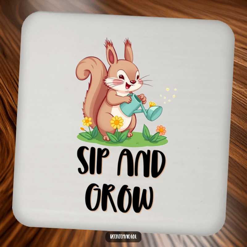 Funny Squirrel Watering Flower Coaster: A squirrel waters a flower with a tiny can, a charming table accessory.