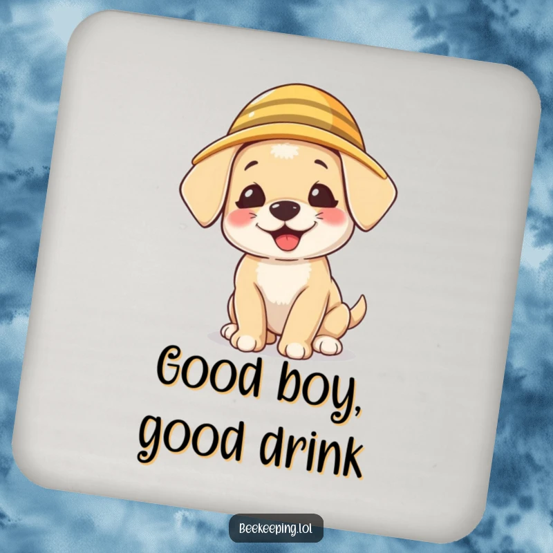 Funny Puppy Beekeeper Drink Coasters, set of 4, giggling puppies wearing tiny beekeeper hats, humorous pet decor.