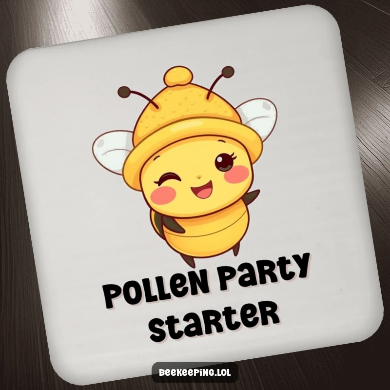 Funny Bee Coaster: A single, happy bee with a tiny hat absolutely loaded with bright yellow pollen.