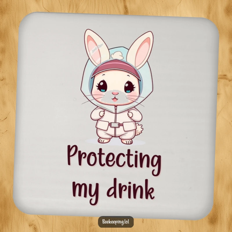Funny rabbit in a bee veil and protective suit on a drink coaster, protective and decorative, humorous gift.