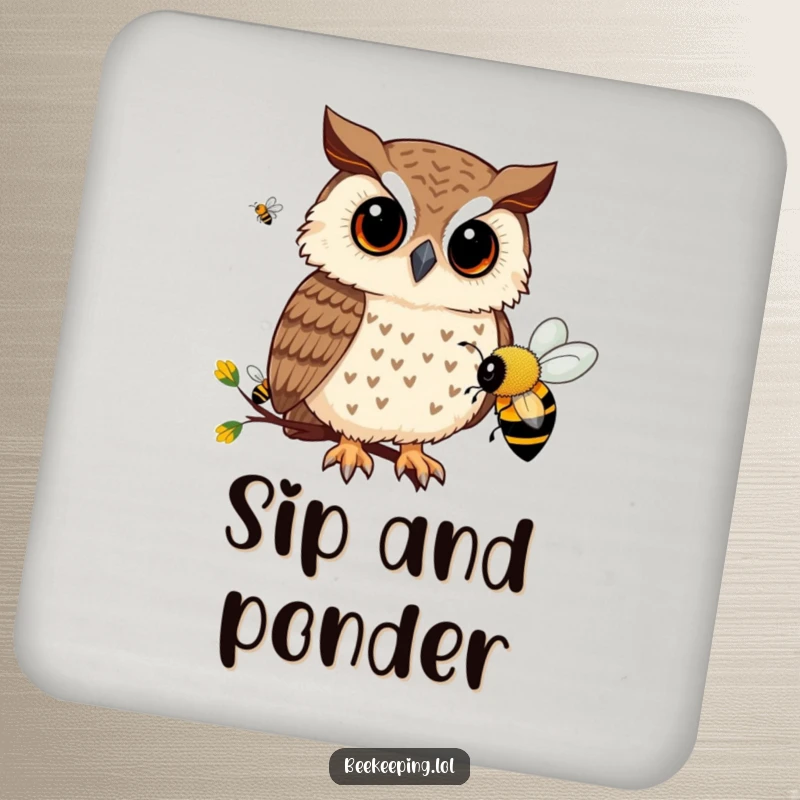 Funny drink coasters with a curious owl observing bee activity, offering stylish surface protection with a whimsical humorous touch.