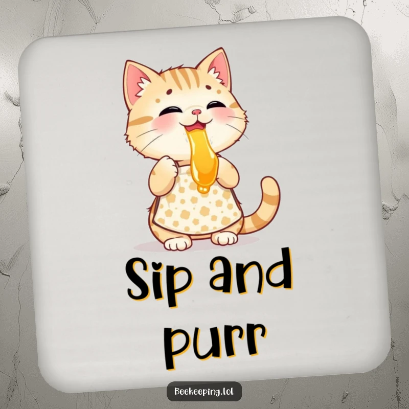 Funny playful cat wearing a patterned apron, tasting honey, a set of humorous and decorative drink coasters.