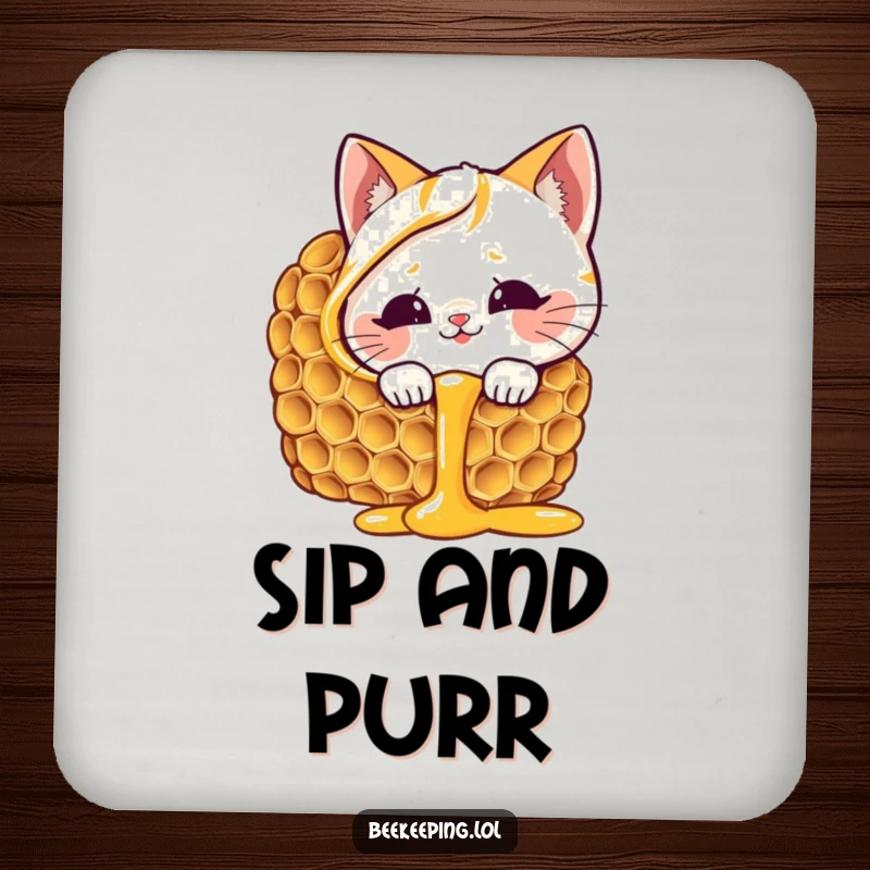 Funny cat honeycomb coasters, giggling cat peeking into dripping honey, sweet and protective, cute funny gift.