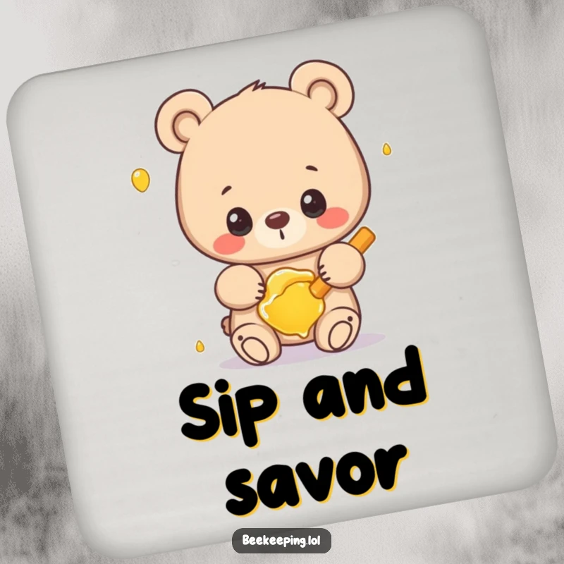 Funny bear coaster with a proud bear gently holding honey, a humorous way to protect surfaces.