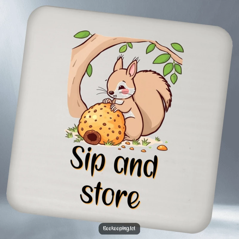 Funny drink coaster showing a squirrel diligently tending to a very large beehive. A humorous and protective accessory for tabletops.