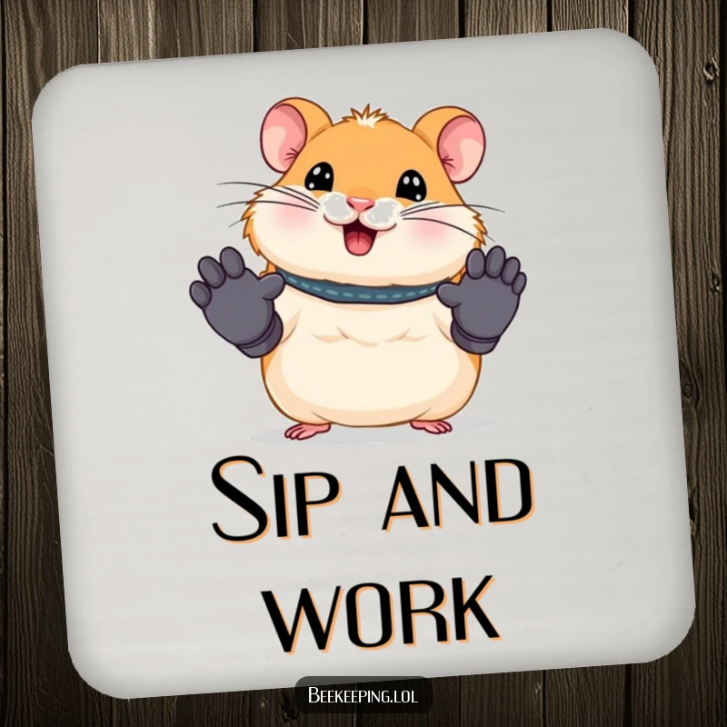 Funny drink coaster showing a smiling hamster wearing tiny work gloves. A humorous and protective accessory for tabletops.