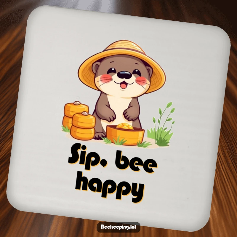 Funny drink coasters with a giggling otter in a straw hat, tending beehives, protecting surfaces with humor.