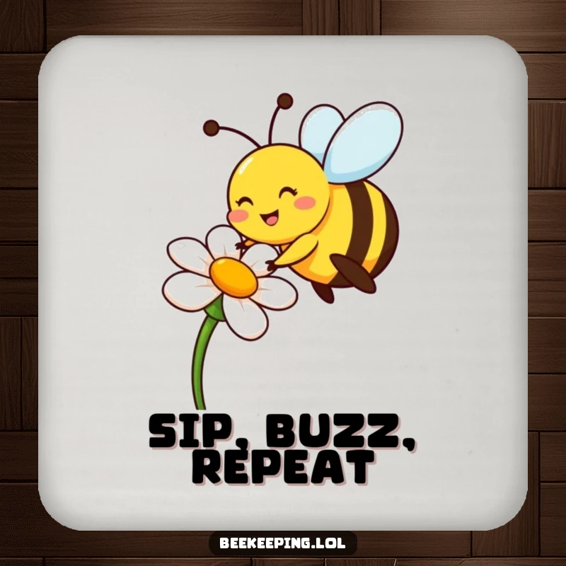 Funny bee drink coaster with a cheerful pollinator on a flower, a wonderful funny gift.