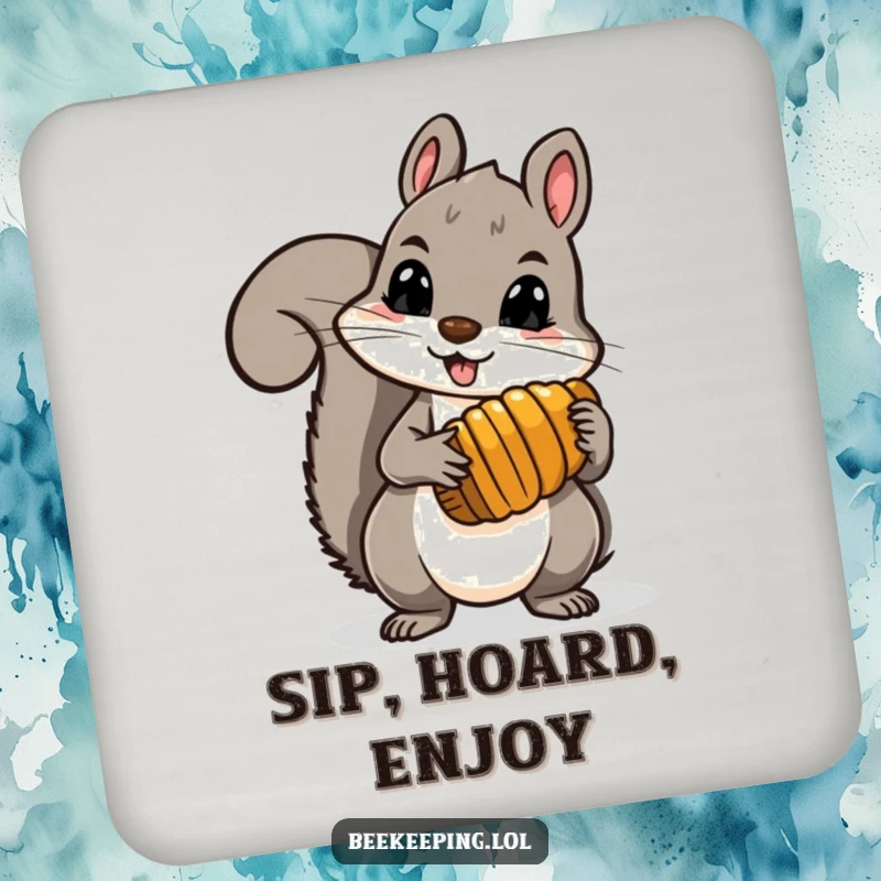 Funny brave squirrel holding a comb full of honey, designed on coasters, adding wild and humorous vibes to any table.