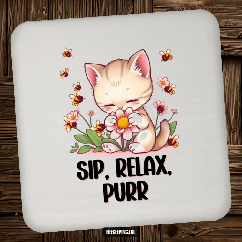 Funny Kitten Flower Coaster: A sweet kitten gently strokes a flower, bees buzzing, a functional and cute table accessory.