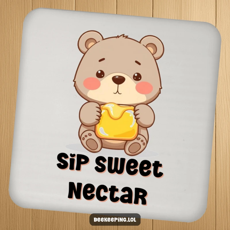 Funny drink coaster showing a proud bear gently cradling a frame of honey. A humorous and protective accessory for tabletops.