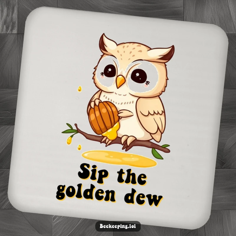 Funny drink coasters featuring a proud owl collecting honey from a honeycomb, protecting surfaces with a touch of sweetness.
