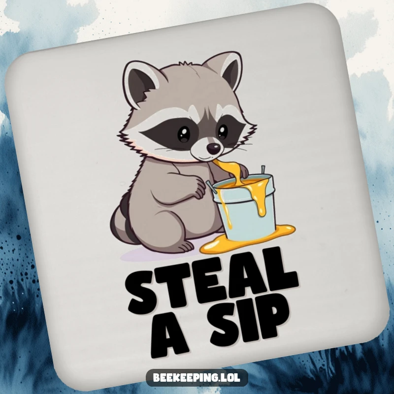Funny Raccoon Honey Drink Coasters, set of 4, determined raccoons gently scooping honey into small pails, humorous woodland decor.