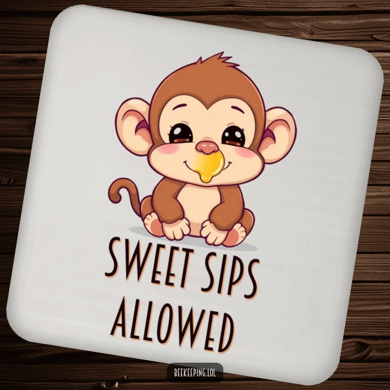 Funny silly monkey with honey on its nose on a drink coaster, offering humorous surface protection.