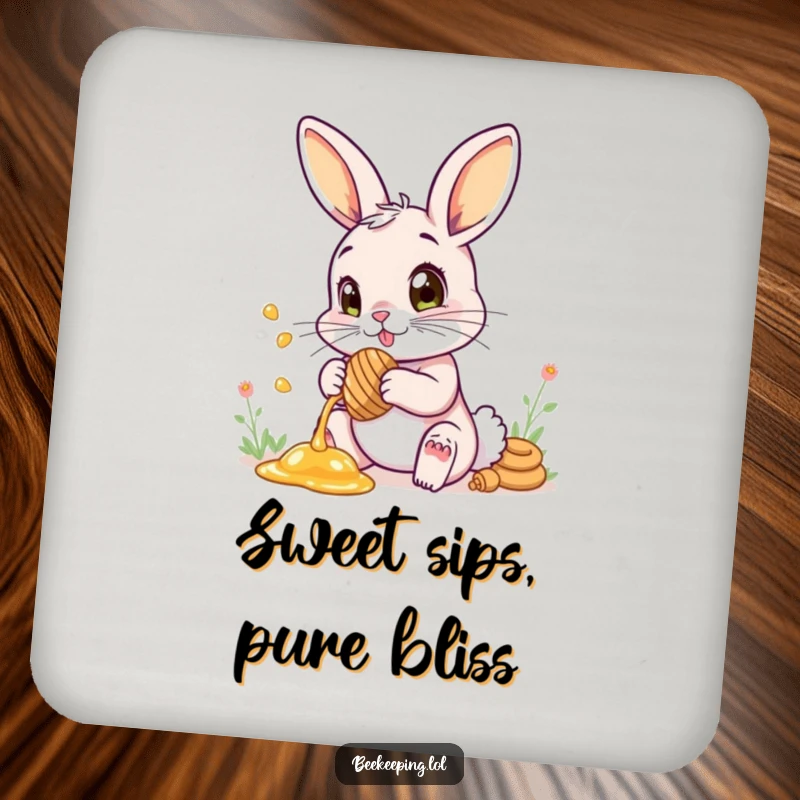 Funny drink coaster showing a bunny collecting honey, its eyes wide with pure wonder.