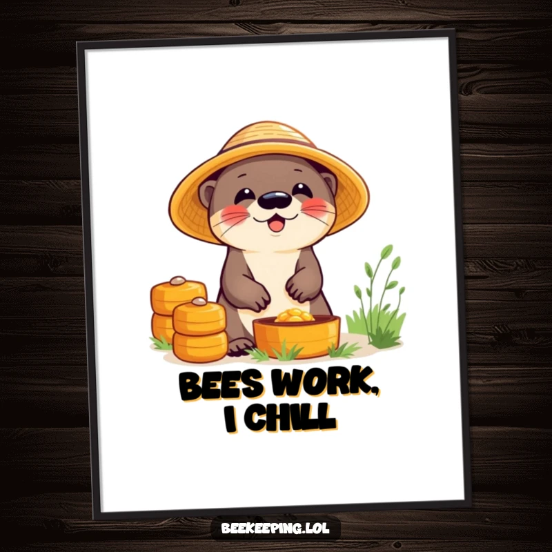 Funny poster art of a giggling otter in a straw hat, working amongst beehives, adding a touch of humor to decor.