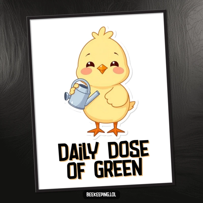 Funny chick holding a tiny watering can, depicted as cheerful garden art for wall decor, bringing a humorous and happy vibe.