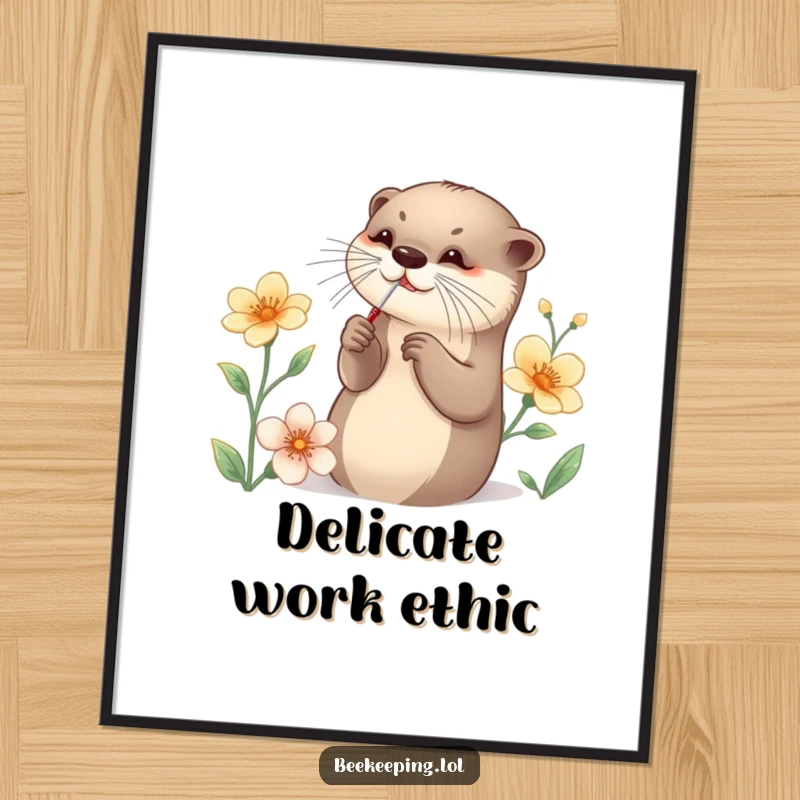 Funny Otter Poster depicting a graceful otter using a tiny tool to collect nectar from a flower, a humorous and detailed artwork.