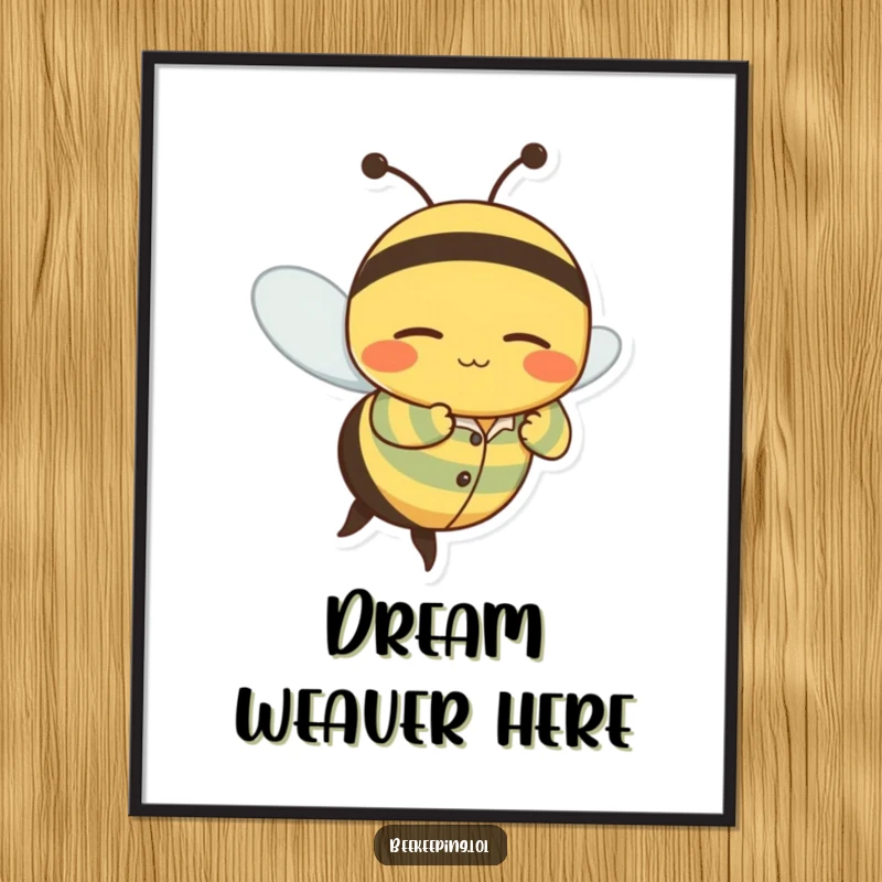 Funny poster featuring a wobbly bee character in striped pajamas flying with a peaceful, sleepy grin, embodying rest.