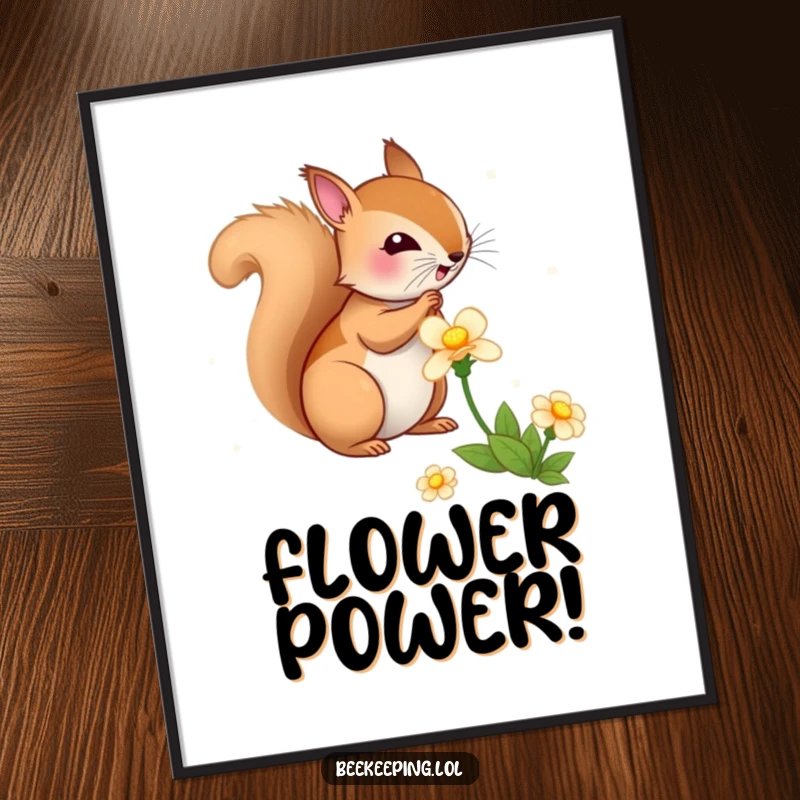 Funny Squirrel Flower Poster, charming art print, bouncy squirrel gathering nectar from a flower, humorous woodland decor.