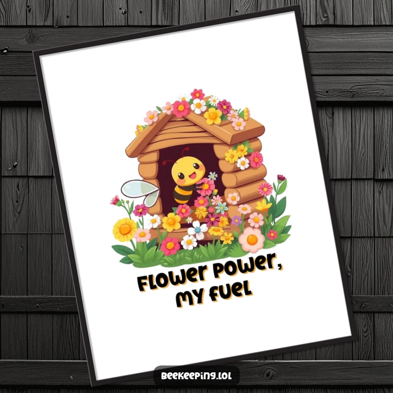 Funny poster illustrating a busy bee happily working on a flower hive overflowing with blossoms.