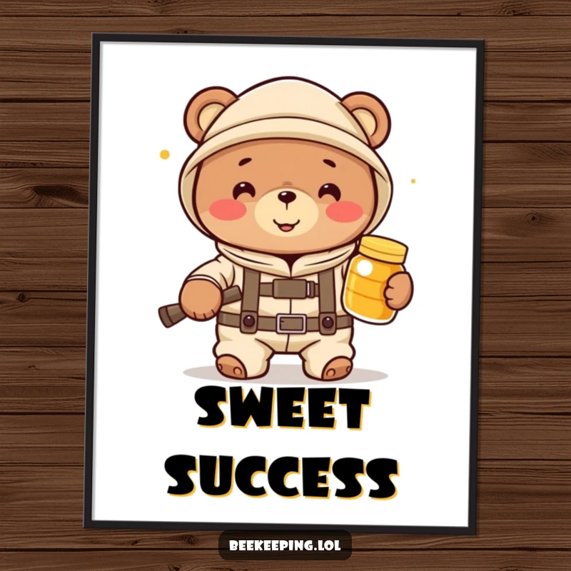 Funny bear beekeeper in a suit with a honey jar, creating a heartwarming and humorous scene on a decorative poster.
