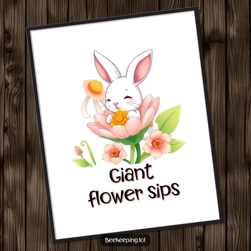 Funny Bunny Poster: A vibrant illustration of a playful bunny savoring nectar from an enormous, colorful flower.
