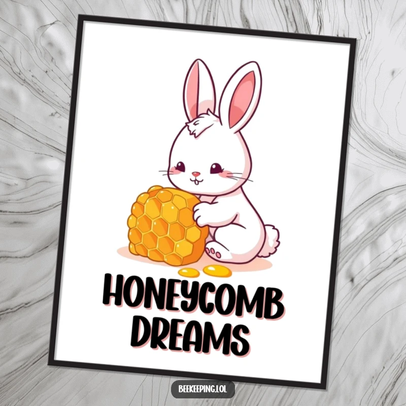 Funny bunny poster with a curious rabbit inspecting a honeycomb, perfect wall art for a funny gift.