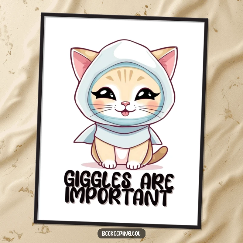 Funny Cat Poster: A whimsical illustration of a giggling cat wearing a beekeeper's veil and smock, ready for anything.
