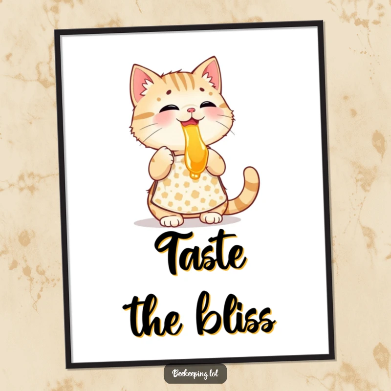 Funny playful cat wearing a patterned apron, tasting honey, a charming and humorous art print.
